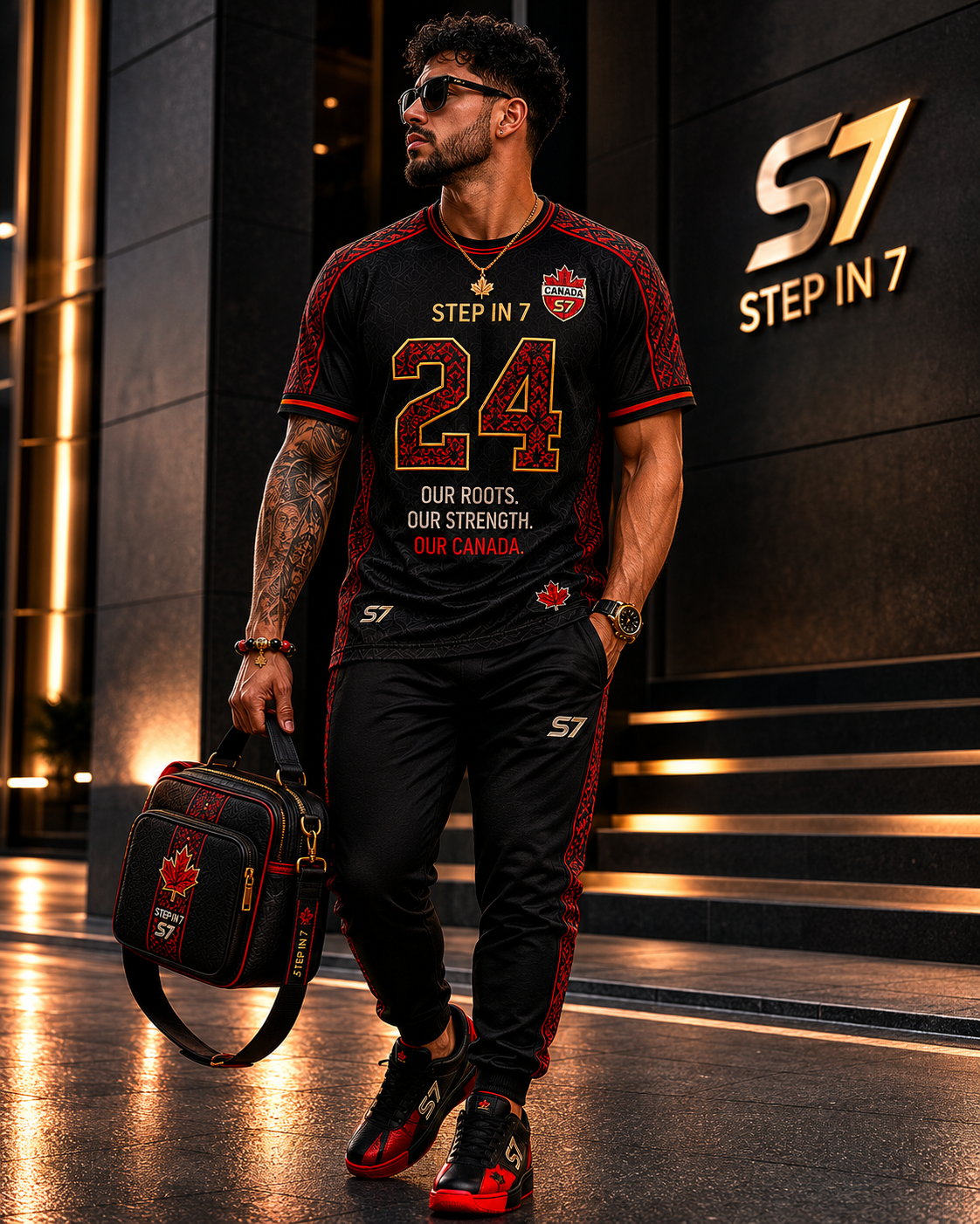 Model wearing Stepin7 Canada heritage jersey and matching accessories